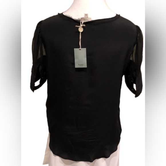 Hoss Intropia Black Silk Top with Beaded/ Sequin Bow and Puffed Sleeves - Picture 5 of 13